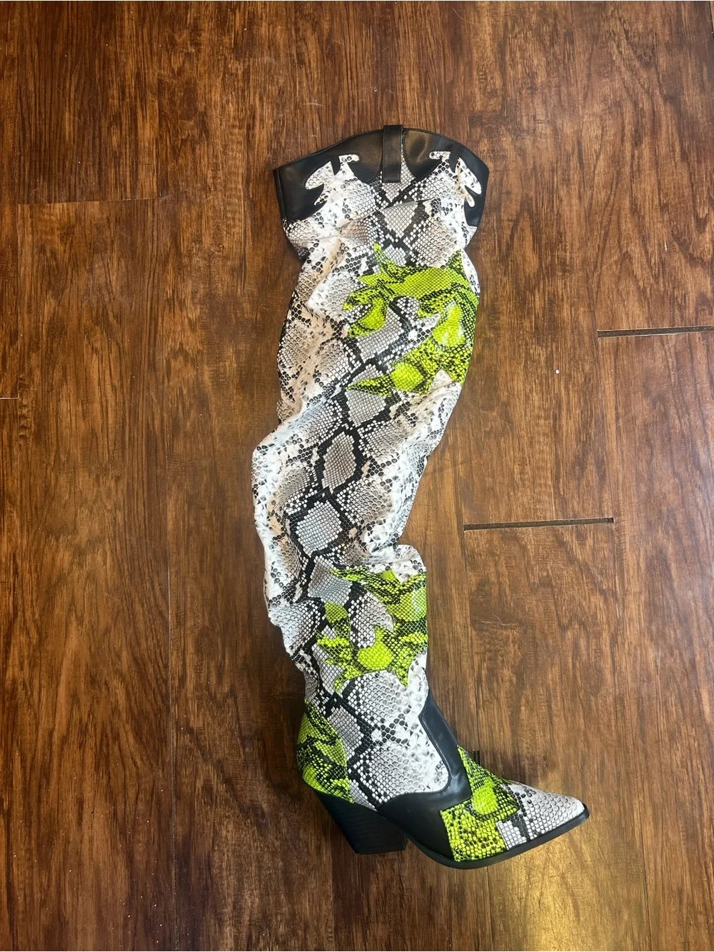 Cape Robbin Black, White & Neon Green Snake-Print Ankle Boots